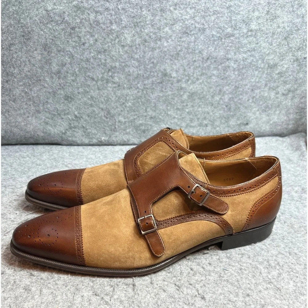 Mezlan Mens Brown Leather Double Monk Strapt Brogue Cap Toe Dress Shoes 13